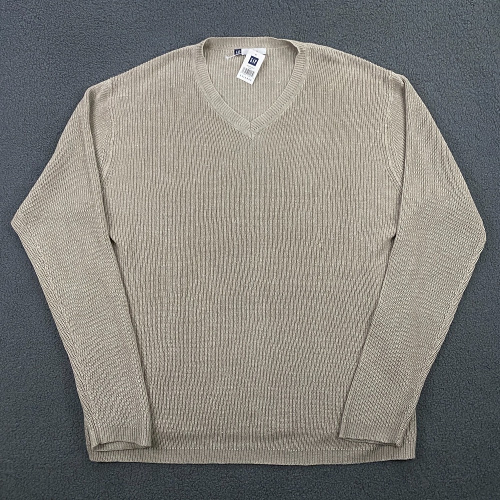 Vintage 90s Y2K Gap Sweater‎ Mens 2XL Knit 100% Linen V-Neck Pullover Tan